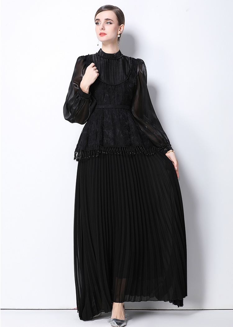 France style long sleeve pinched waist long dress