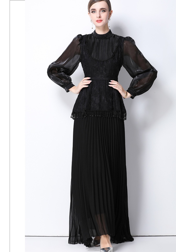 France style long sleeve pinched waist long dress