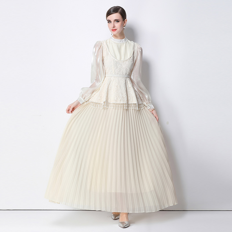 France style long sleeve pinched waist long dress