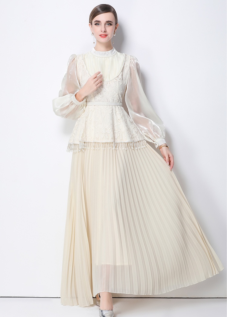 France style long sleeve pinched waist long dress