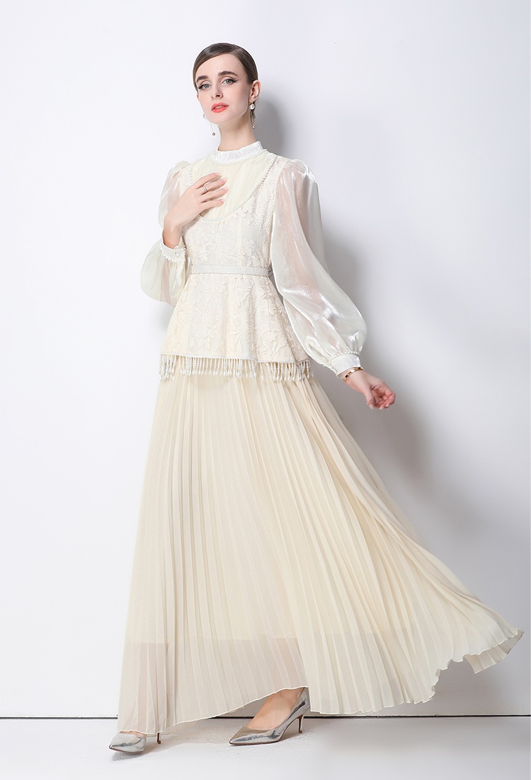France style long sleeve pinched waist long dress