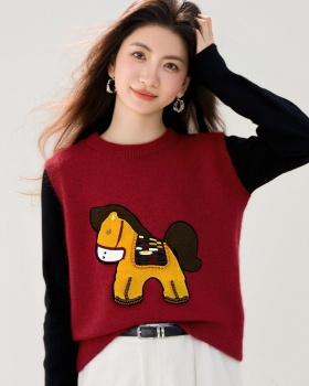 Knitted pony cartoon waistcoat all-match spring sweater for women