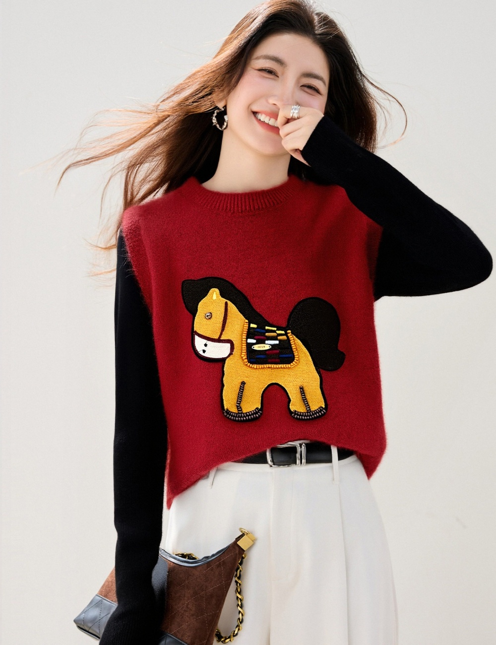 Knitted pony cartoon waistcoat all-match spring sweater for women