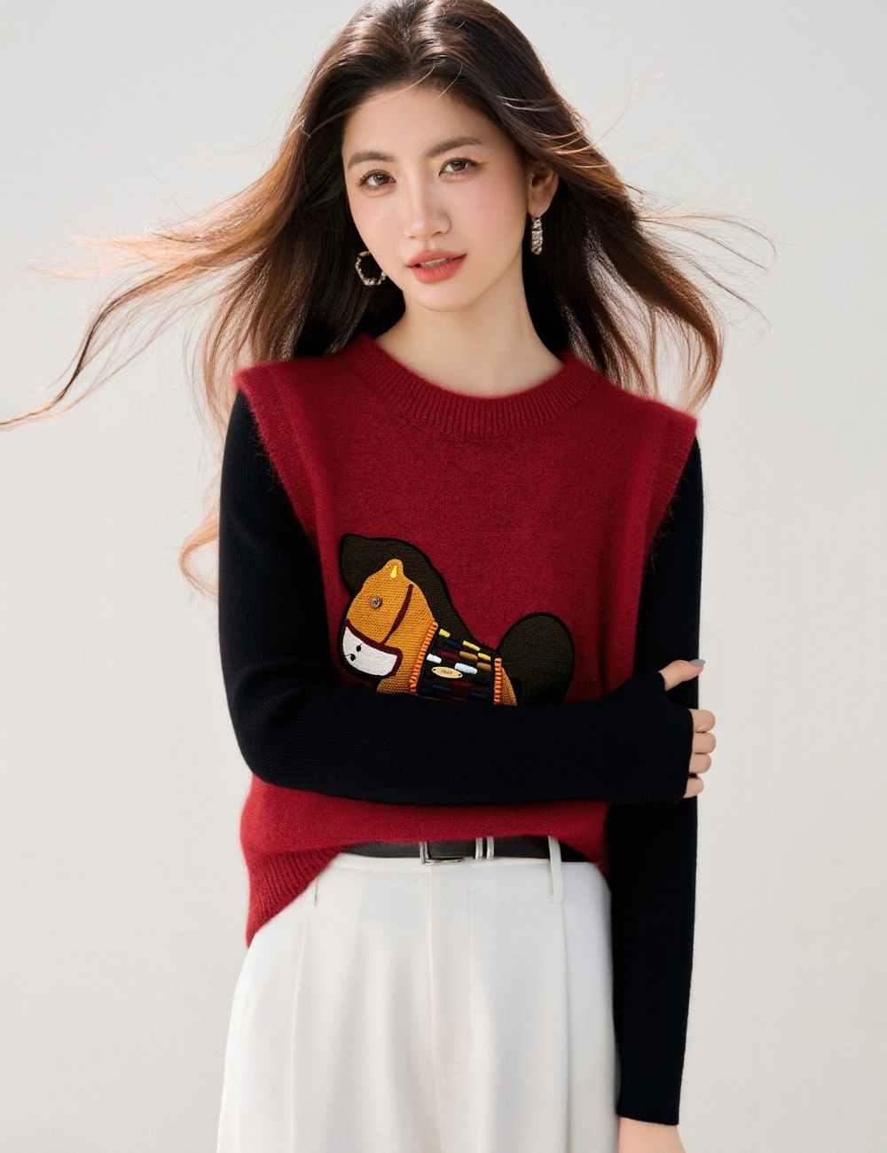 Knitted pony cartoon waistcoat all-match spring sweater for women