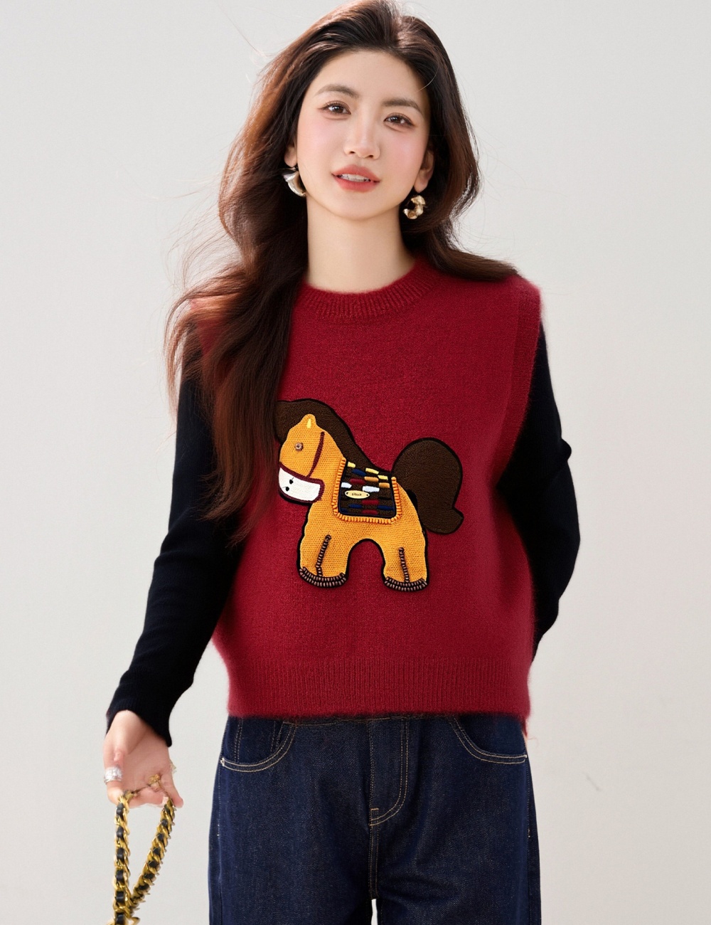 Knitted pony cartoon waistcoat all-match spring sweater for women