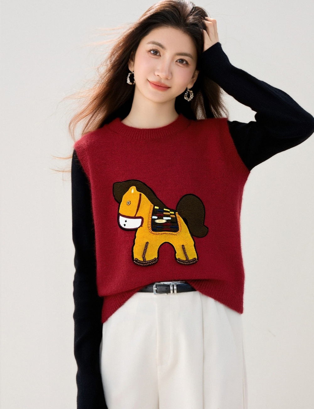 Knitted pony cartoon waistcoat all-match spring sweater for women