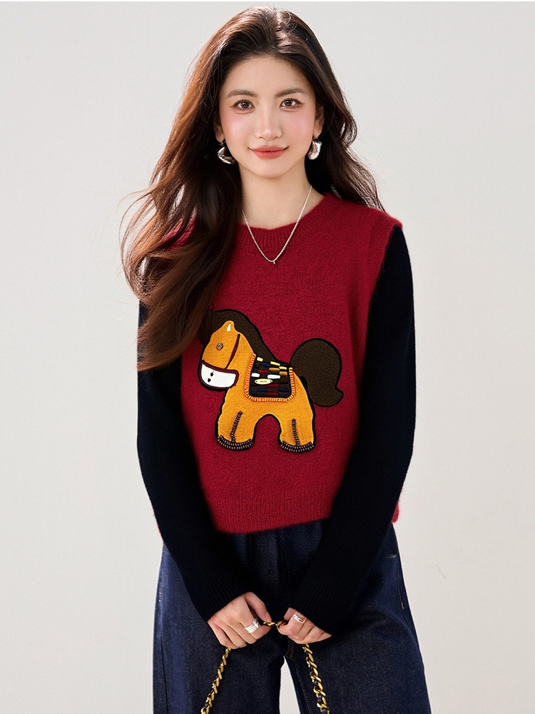 Knitted pony cartoon waistcoat all-match spring sweater for women