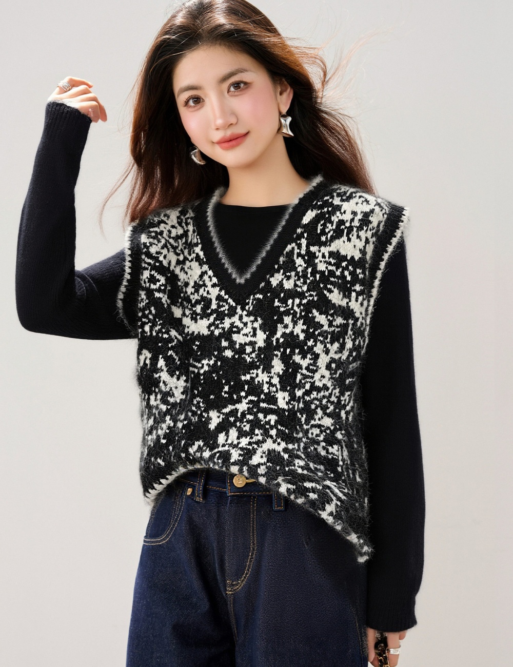 Loose mixed colors knitted waistcoat for women