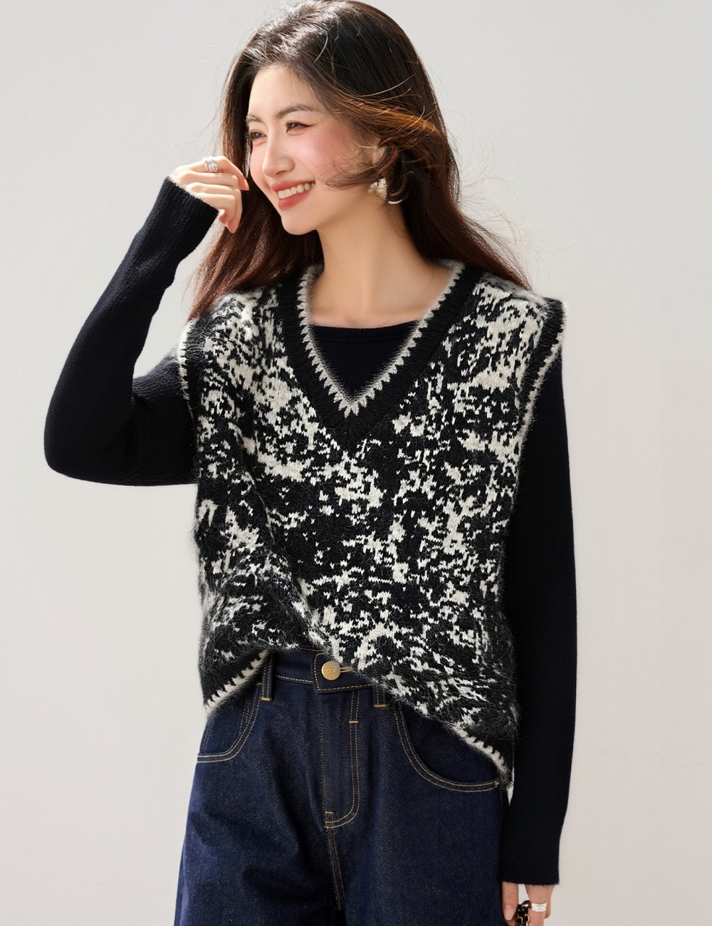 Loose mixed colors knitted waistcoat for women