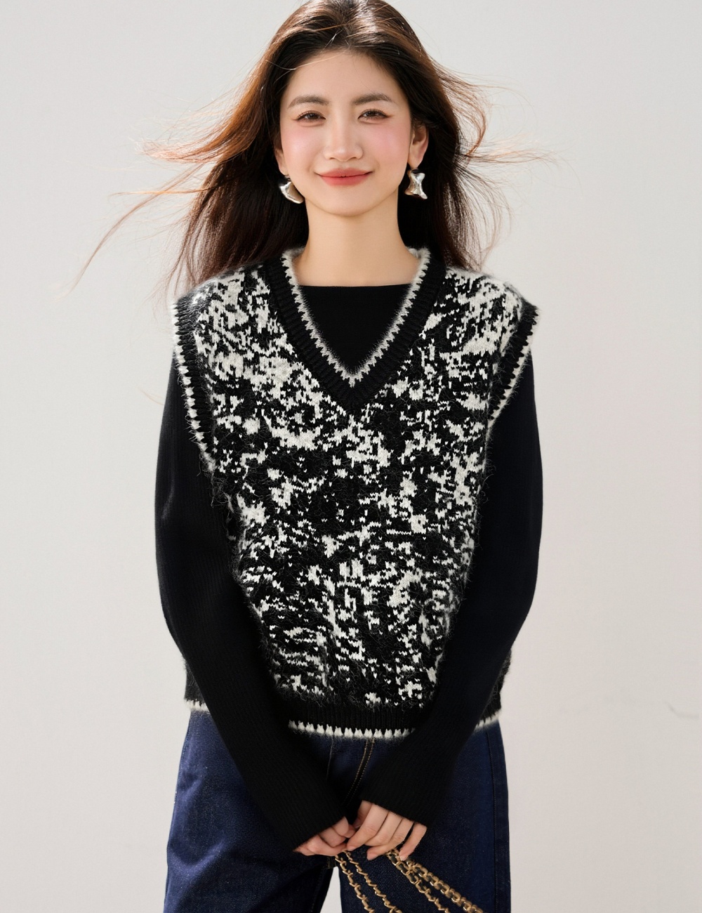 Loose mixed colors knitted waistcoat for women