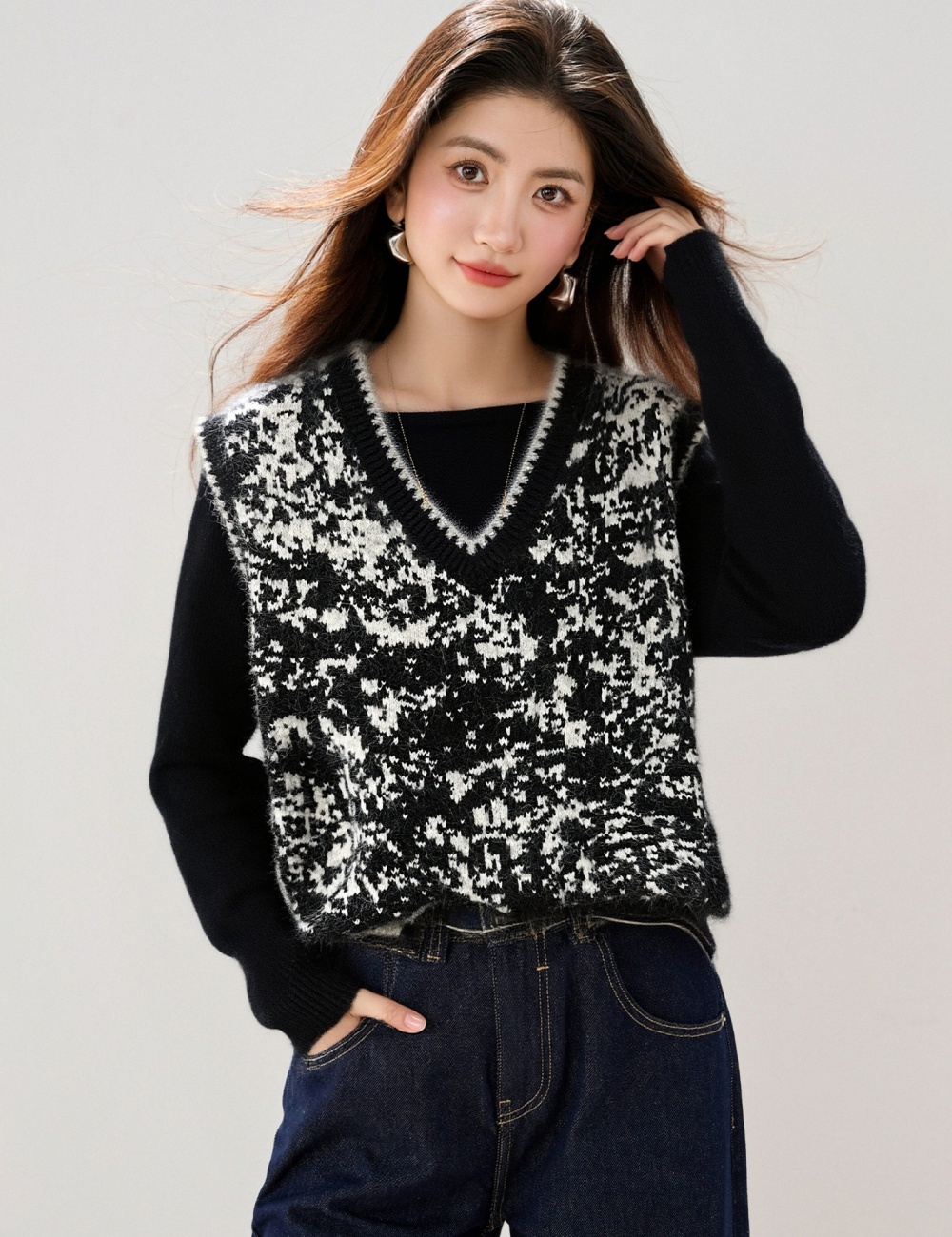 Loose mixed colors knitted waistcoat for women