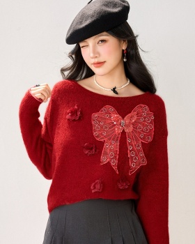 Flowers pullover stereoscopic sweater bow thermal tops for women