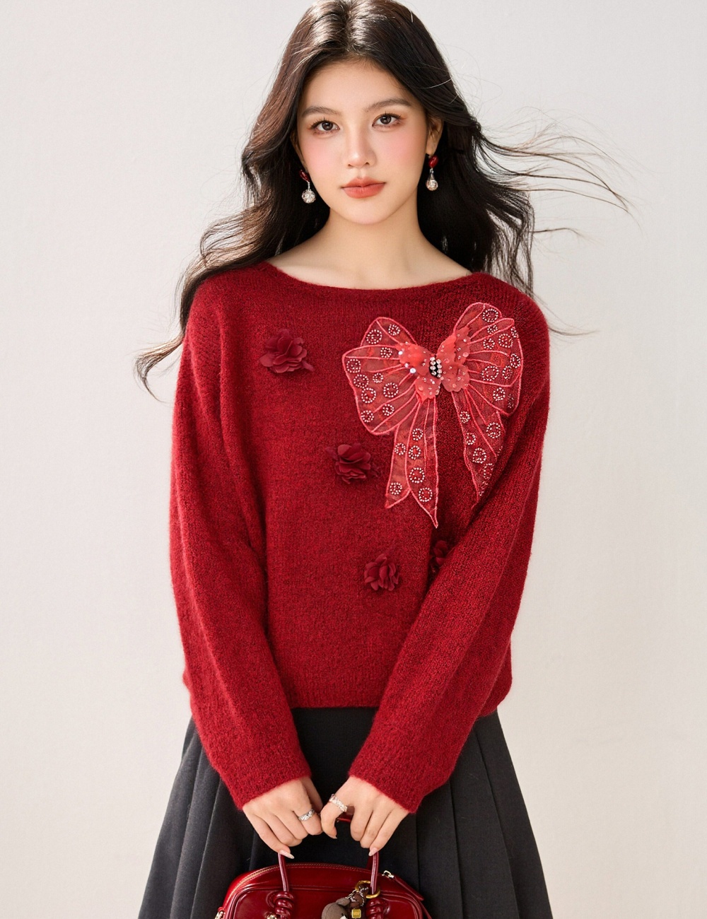 Flowers pullover stereoscopic sweater bow thermal tops for women