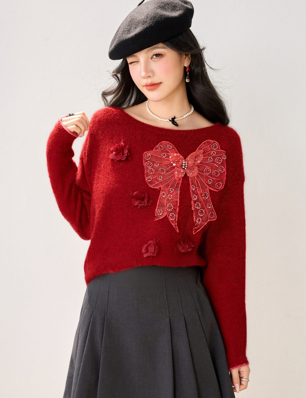 Flowers pullover stereoscopic sweater bow thermal tops for women