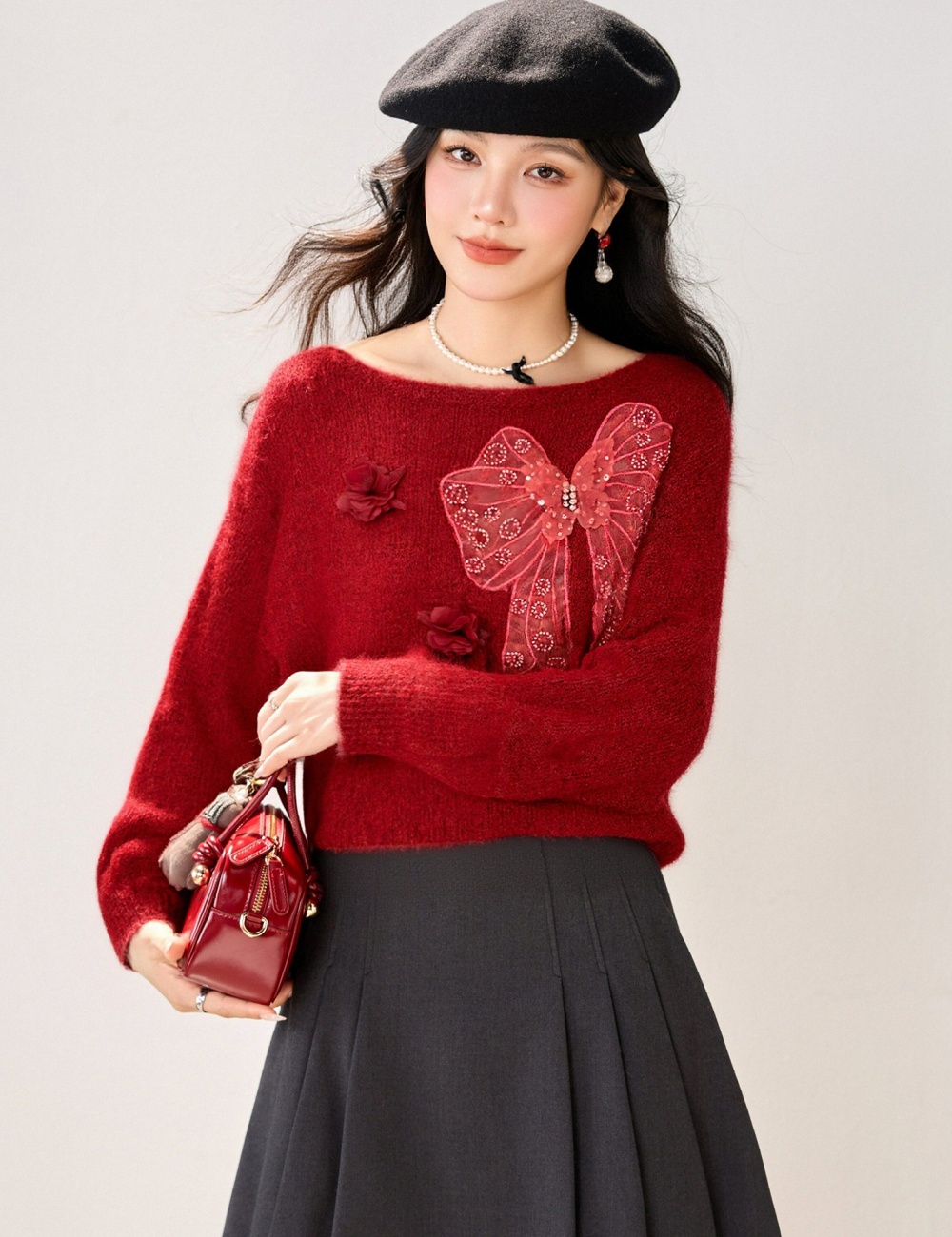 Flowers pullover stereoscopic sweater bow thermal tops for women