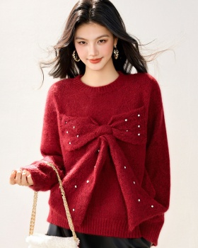 Beading knitted sweater autumn and winter bow tops