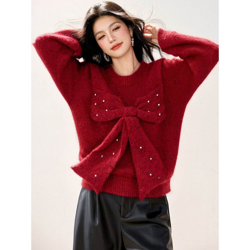 Beading knitted sweater autumn and winter bow tops