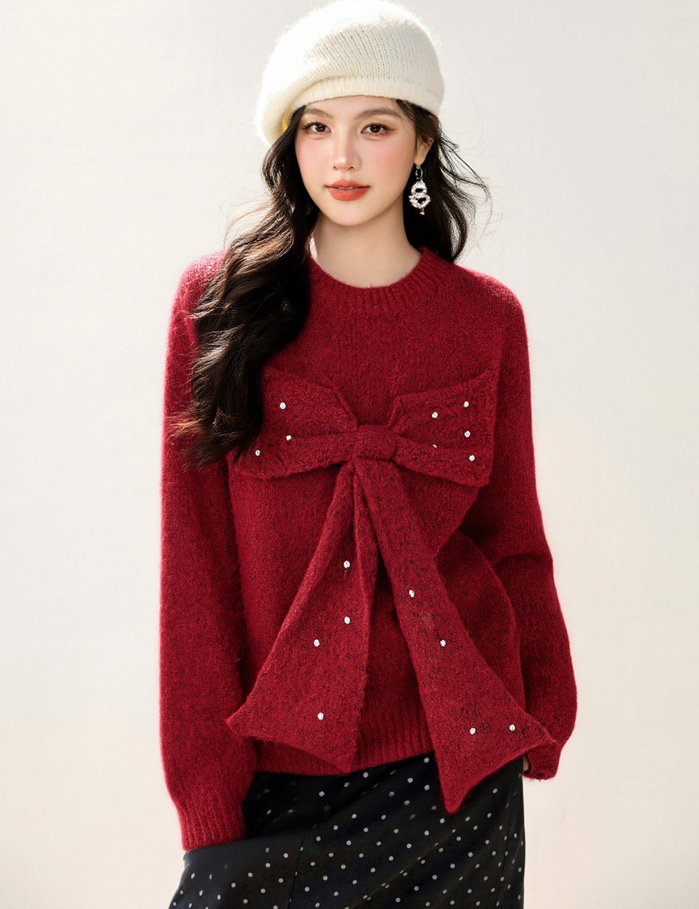 Beading knitted sweater autumn and winter bow tops