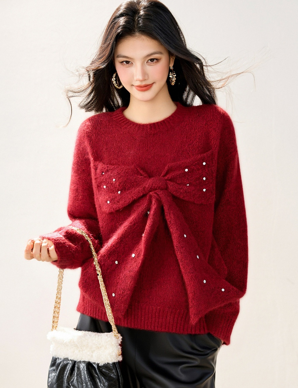 Beading knitted sweater autumn and winter bow tops