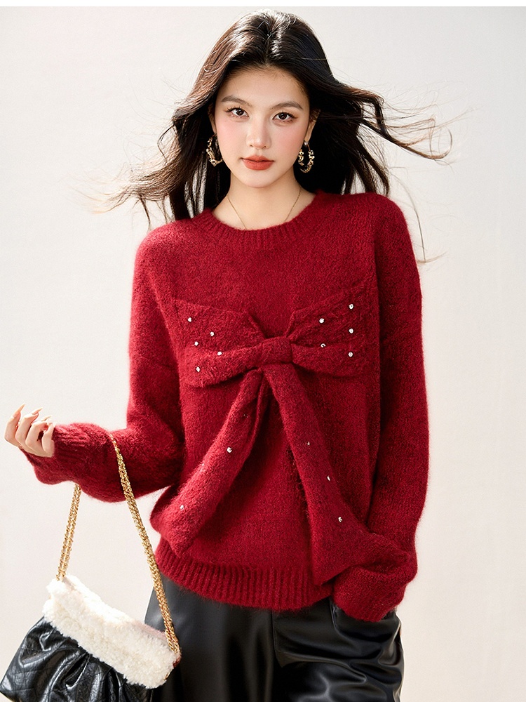 Beading knitted sweater autumn and winter bow tops