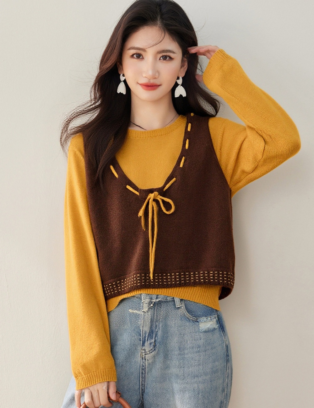 Knitted waistcoat sweater 2pcs set for women