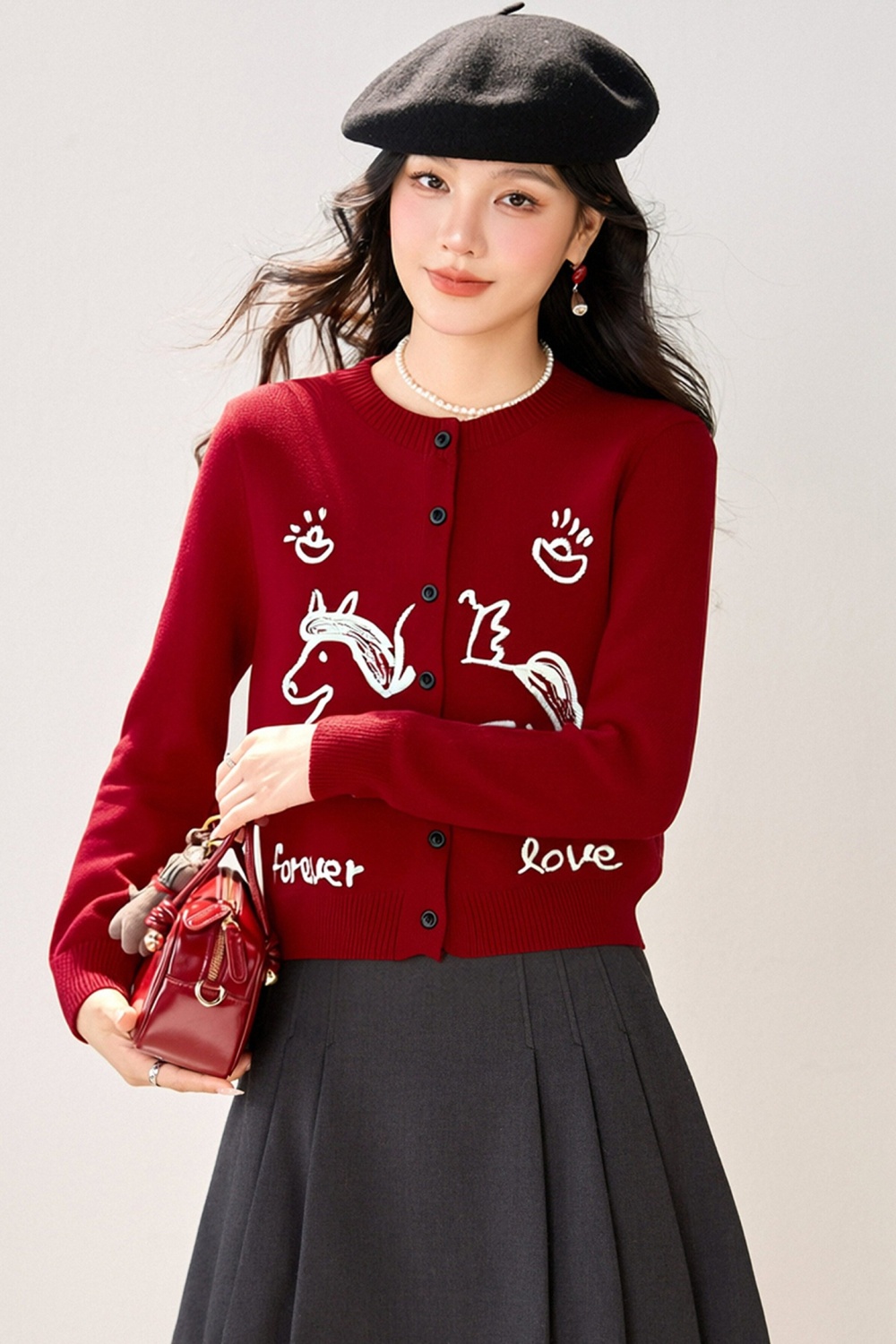Embroidery knitted wine-red cardigan for women