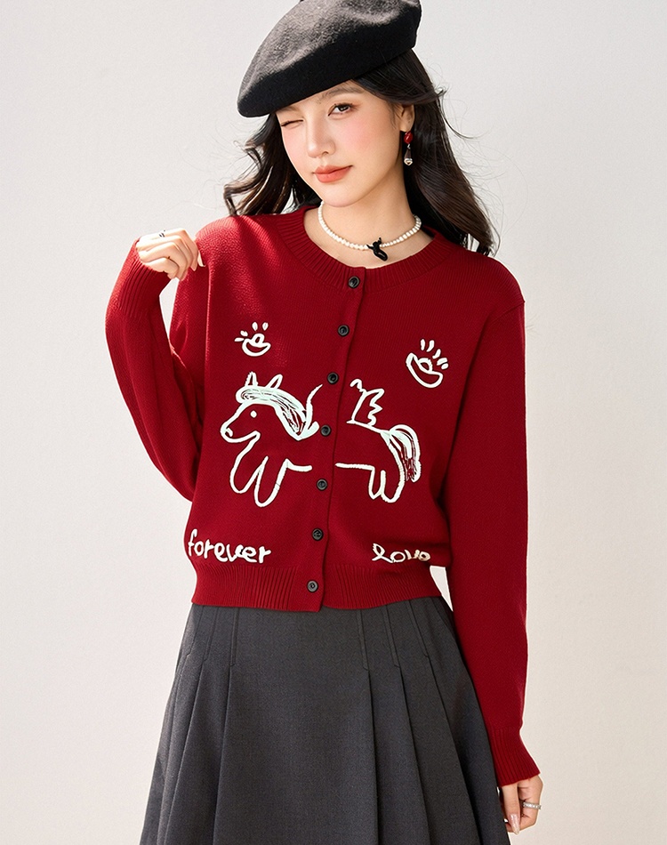 Embroidery knitted wine-red cardigan for women