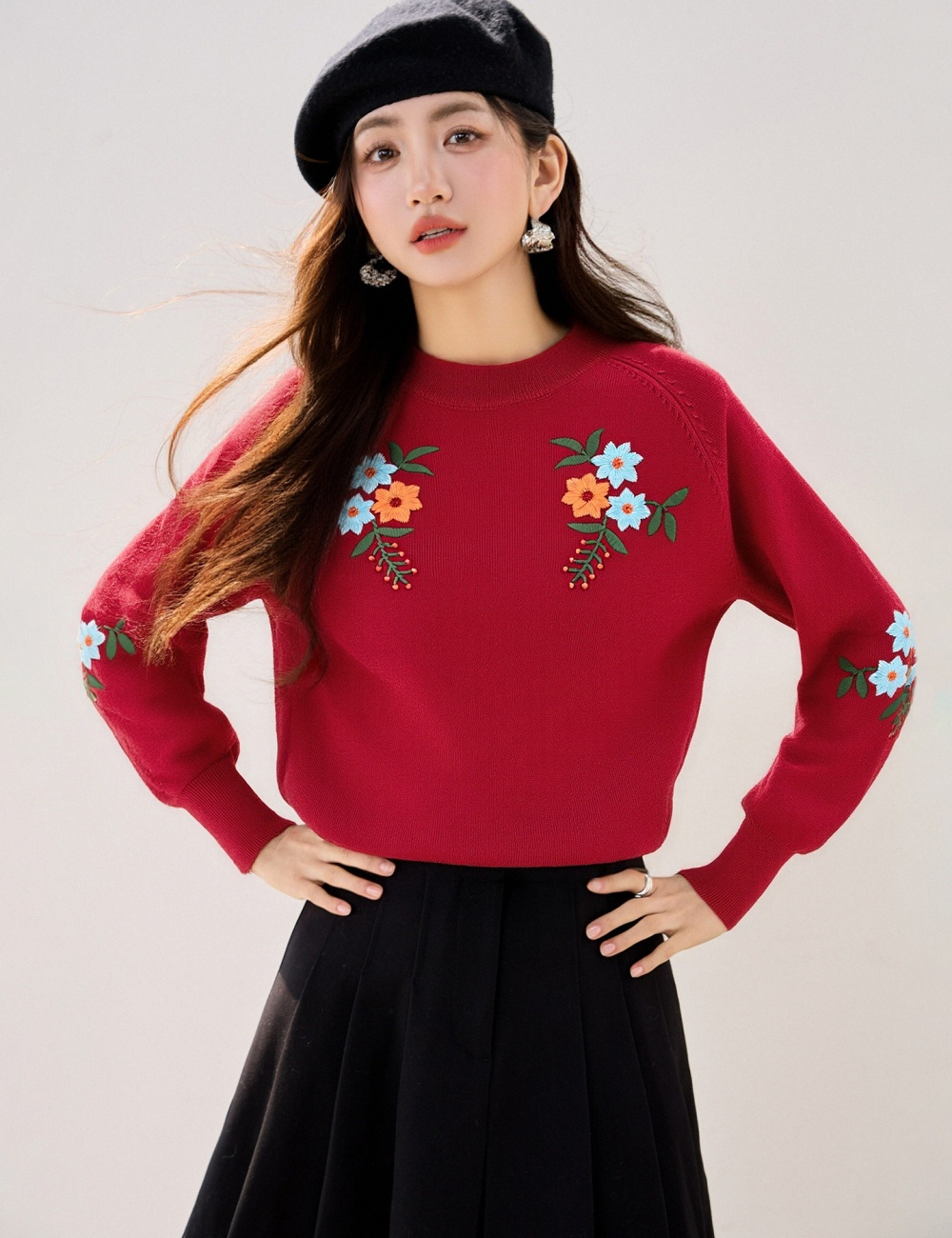 Embroidery loose bottoming shirt flowers slim sweater