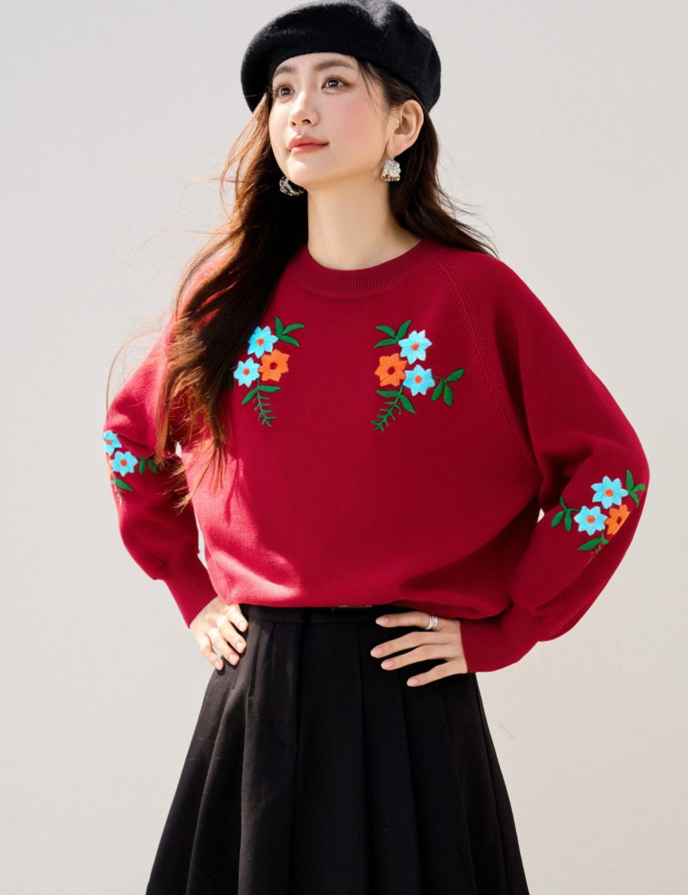 Embroidery loose bottoming shirt flowers slim sweater