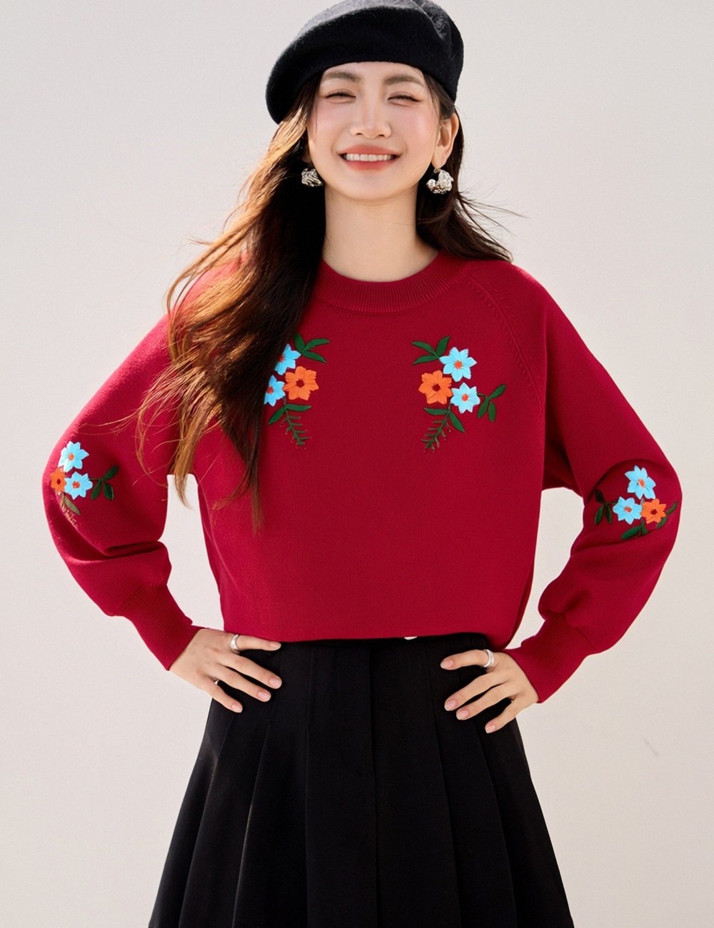 Embroidery loose bottoming shirt flowers slim sweater