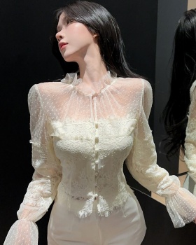 Polka dot gauze short tops splice lace retro shirt