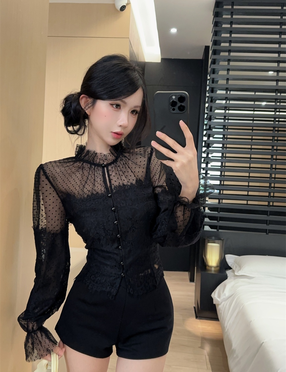 Polka dot gauze short tops splice lace retro shirt