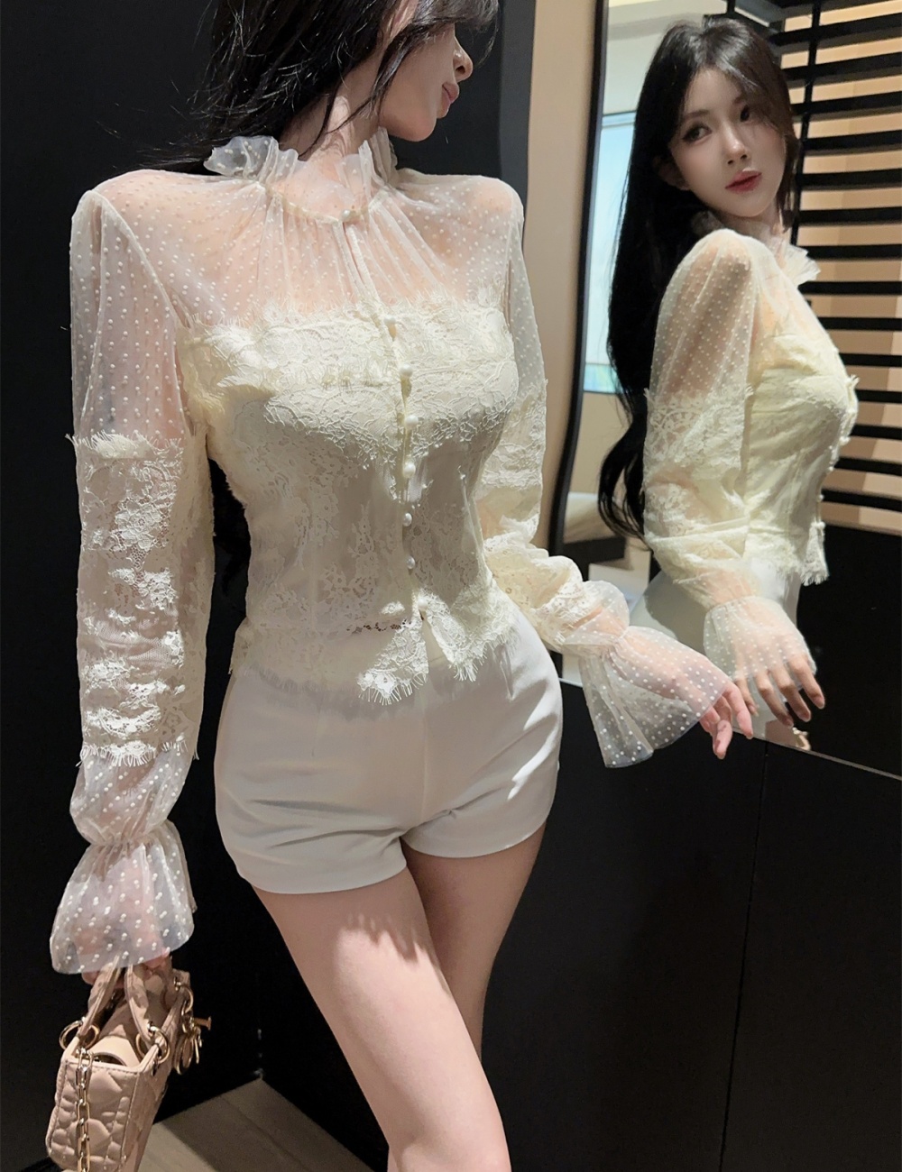 Polka dot gauze short tops splice lace retro shirt