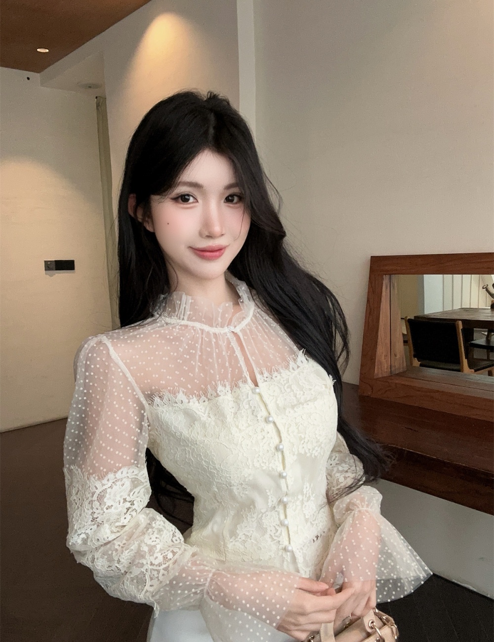 Polka dot gauze short tops splice lace retro shirt