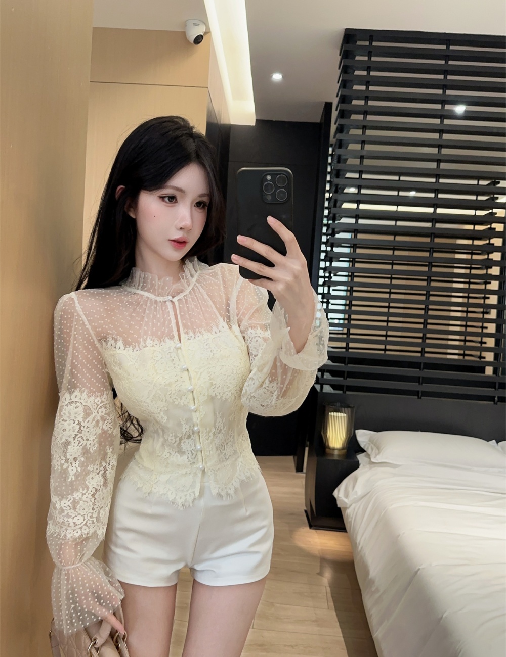 Polka dot gauze short tops splice lace retro shirt