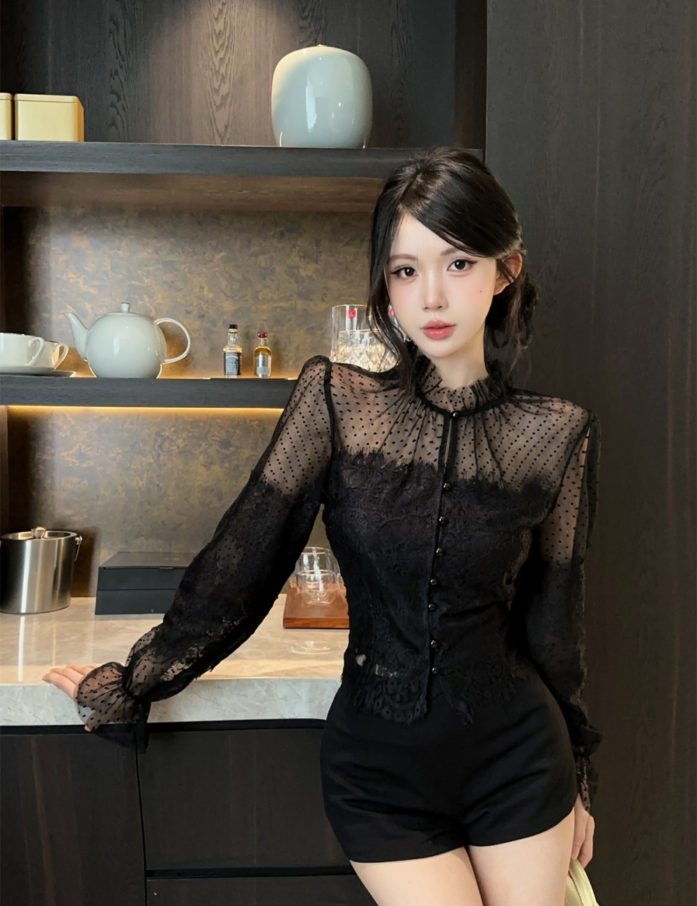 Gauze lace shorts short splice tops 2pcs set for women