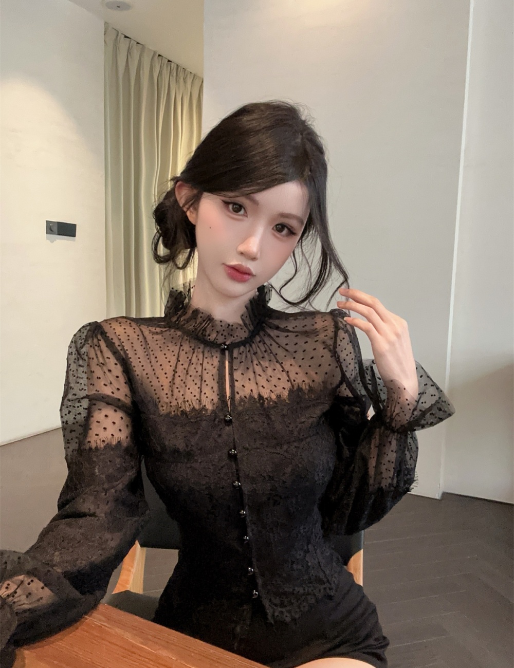 Gauze lace shorts short splice tops 2pcs set for women