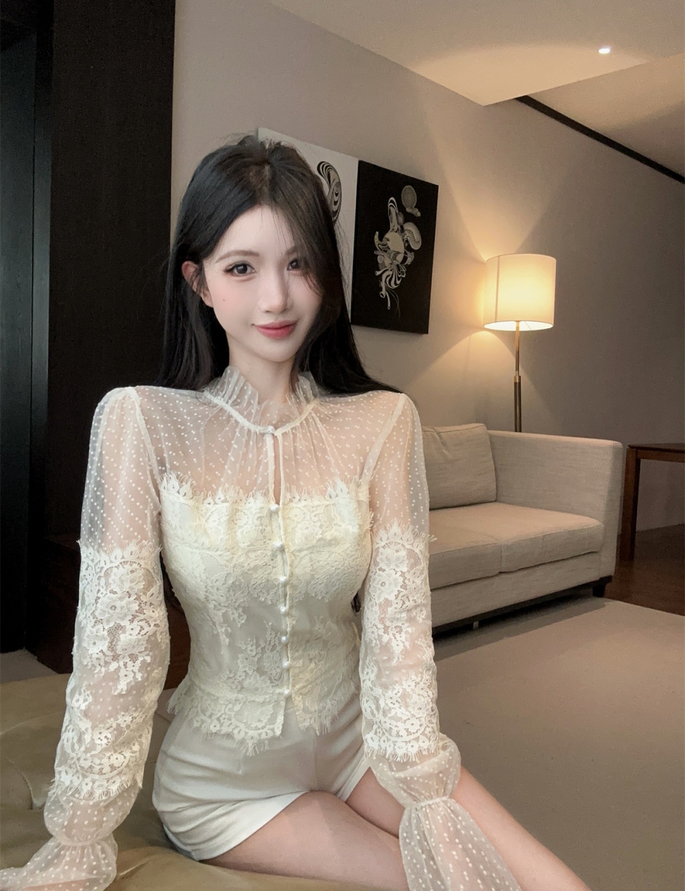 Gauze lace shorts short splice tops 2pcs set for women