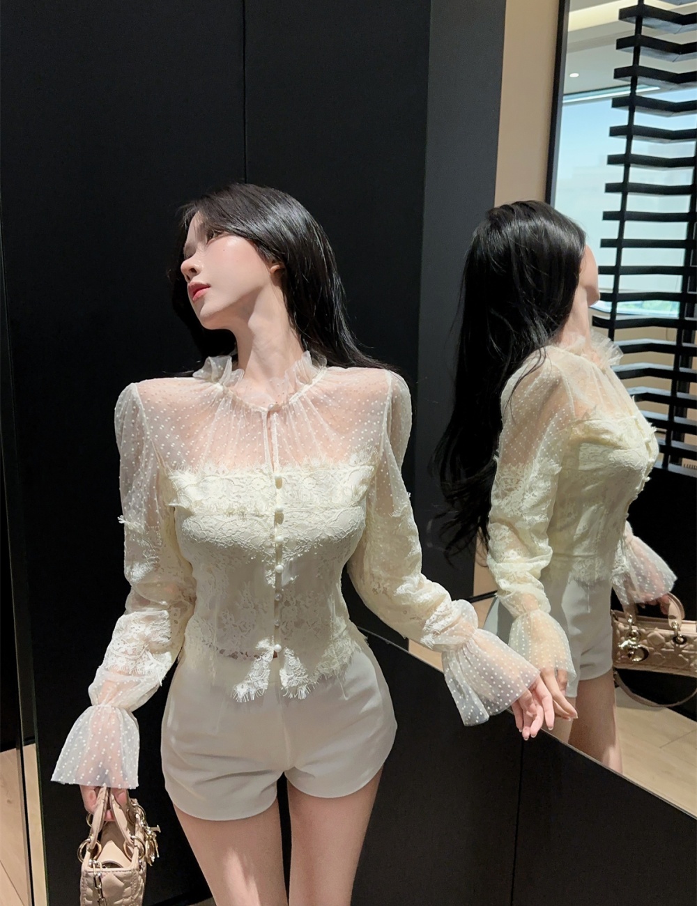 Gauze lace shorts short splice tops 2pcs set for women