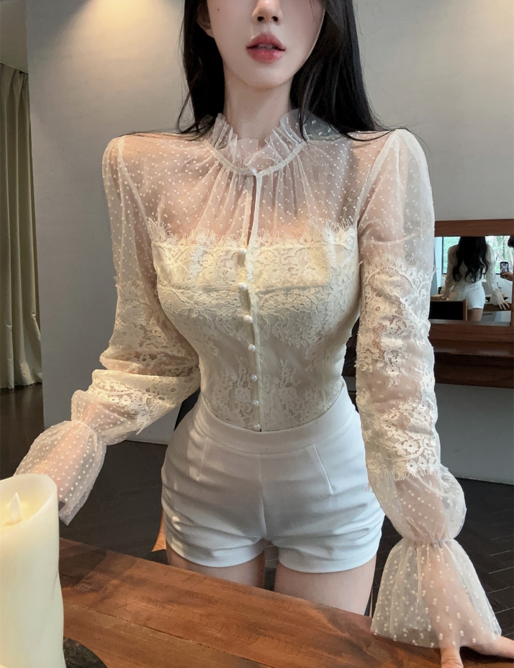 Gauze lace shorts short splice tops 2pcs set for women