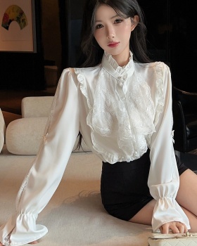 Stitching long sleeve satin shirt temperament lace tops