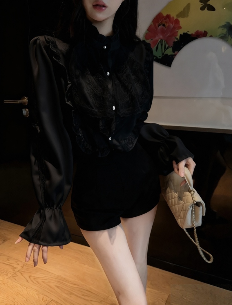 Stitching long sleeve satin shirt temperament lace tops