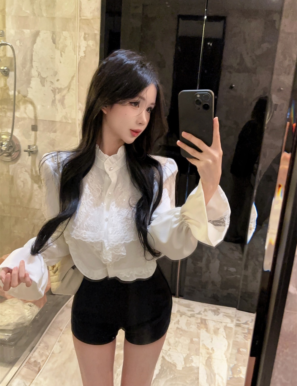 Stitching long sleeve satin shirt temperament lace tops