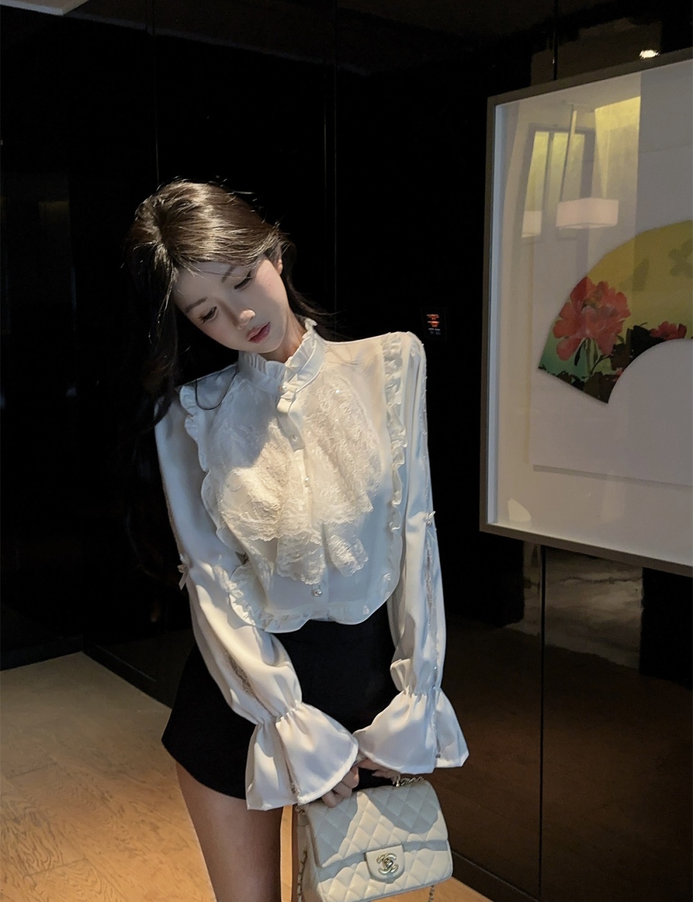 Stitching long sleeve satin shirt temperament lace tops