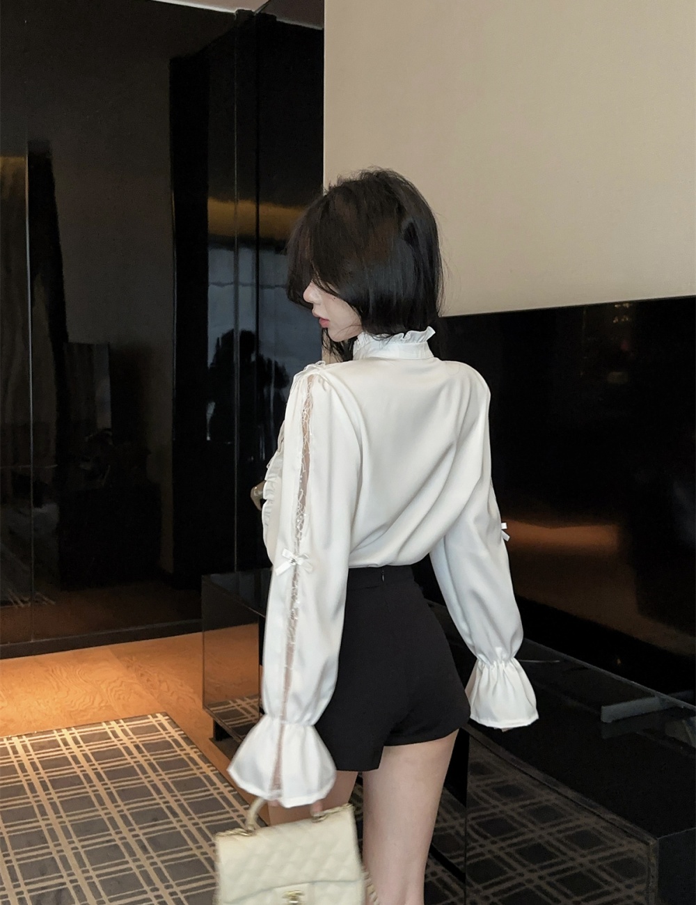 Stitching long sleeve satin shirt temperament lace tops