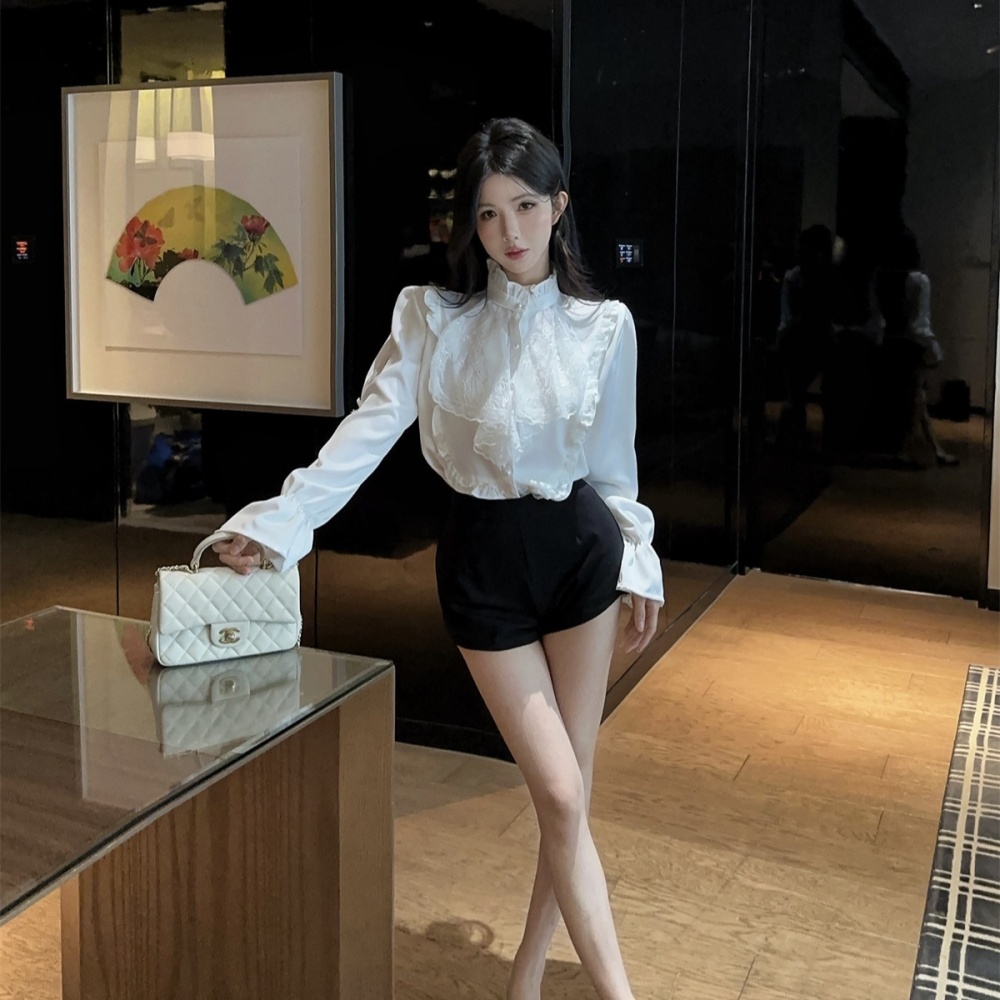 Stitching long sleeve satin shirt temperament lace tops