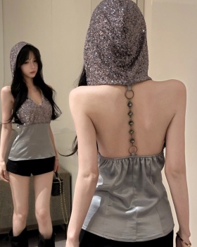 Enticement diamond chain sequins T-shirt hooded halter tops