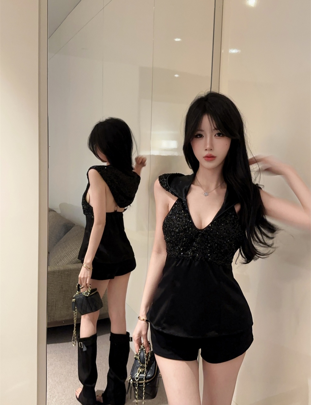 Enticement diamond chain sequins T-shirt hooded halter tops