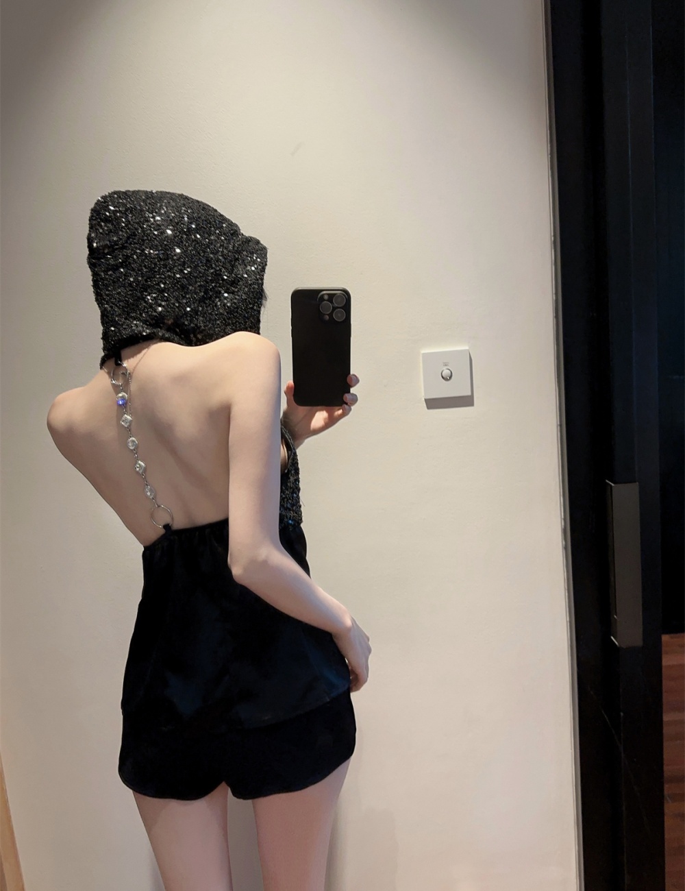 Enticement diamond chain sequins T-shirt hooded halter tops