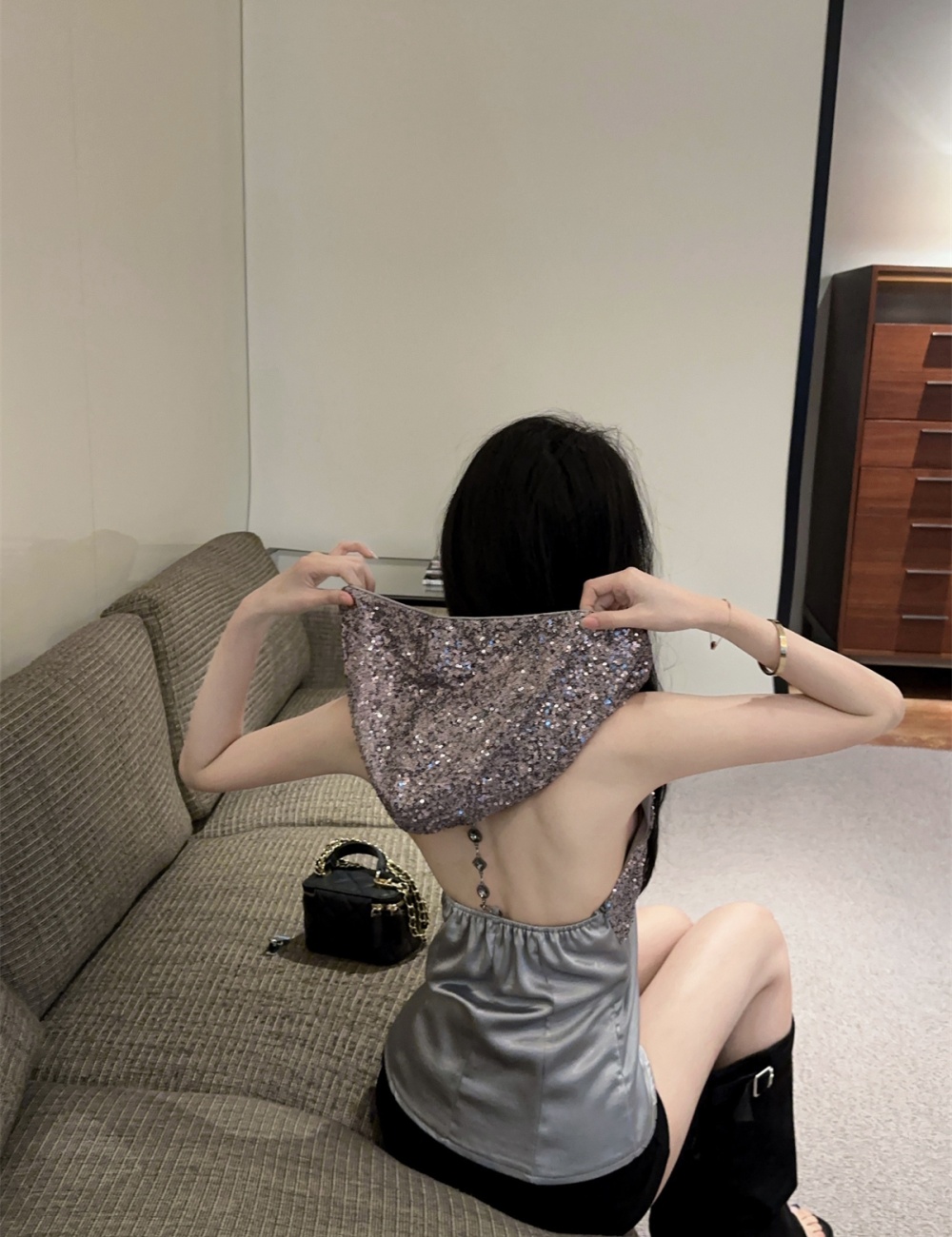 Enticement diamond chain sequins T-shirt hooded halter tops